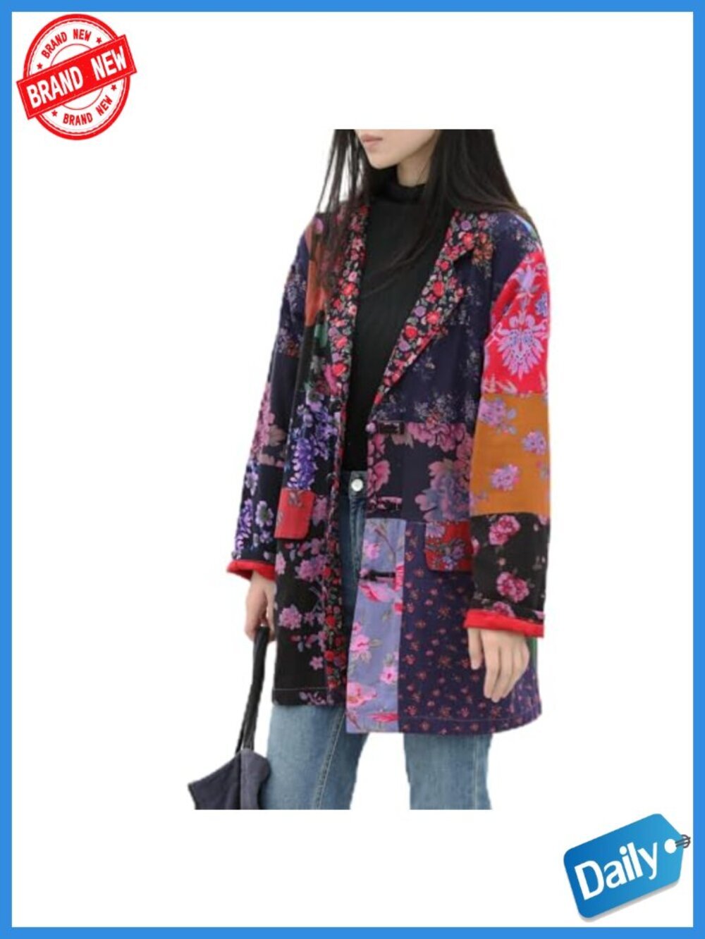 Women's Casual Open Front Long Sleeve Floral Patchwork Blazer Jacket with